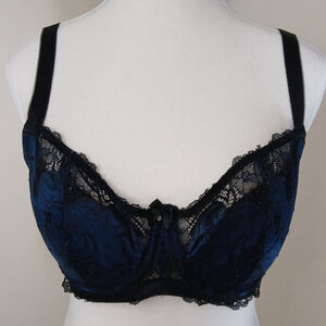 Charade by Change Balconette Bra Satiny Blue with Black Lace Overlay Size 34F